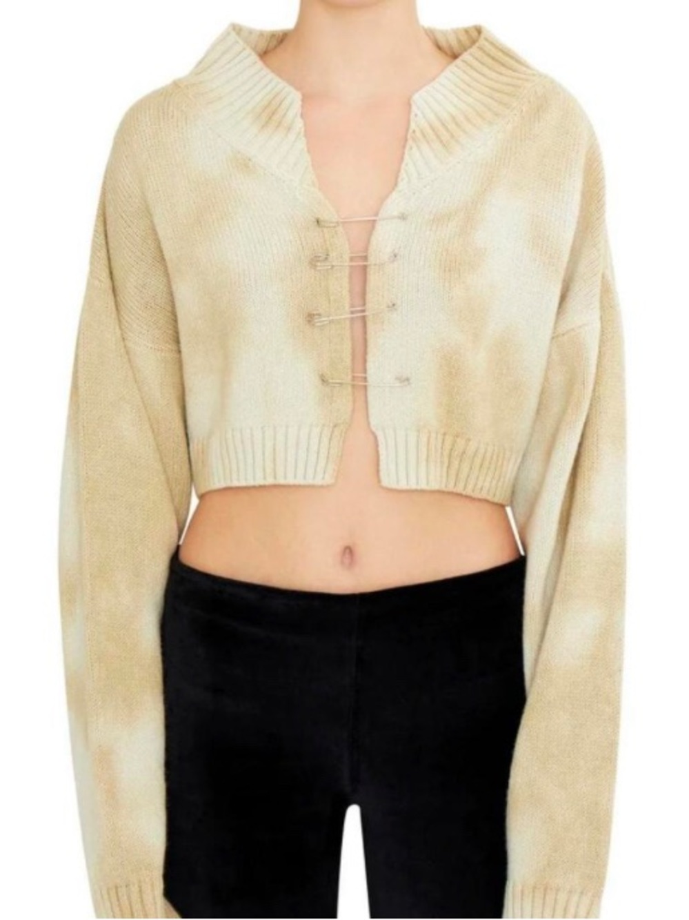 Danielle Guizio Safety Pin Cropped Sweater in Cream Tie Dye Size XS/S